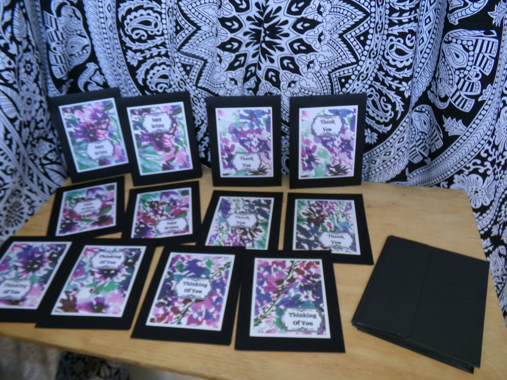 Set of 12 Handmade Black Background Watercolor Cards