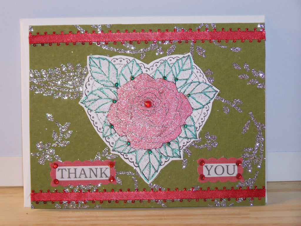 Thank You card - green/red rose