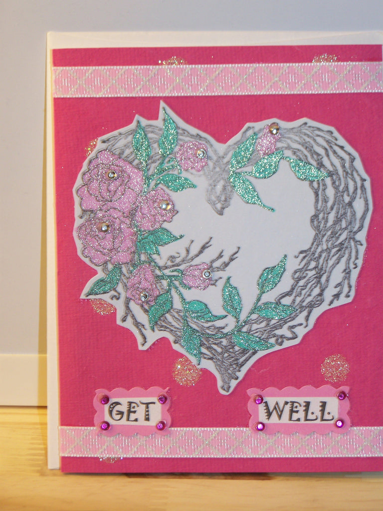Get Well card - pink heart flower wreath