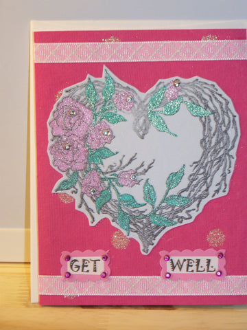Get Well card - pink heart flower wreath