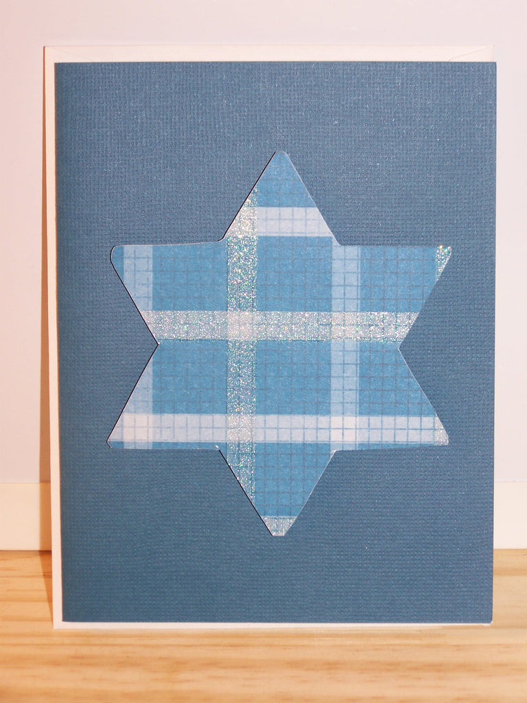 Blue Hanukkah card w/3D plaid blue Star of David