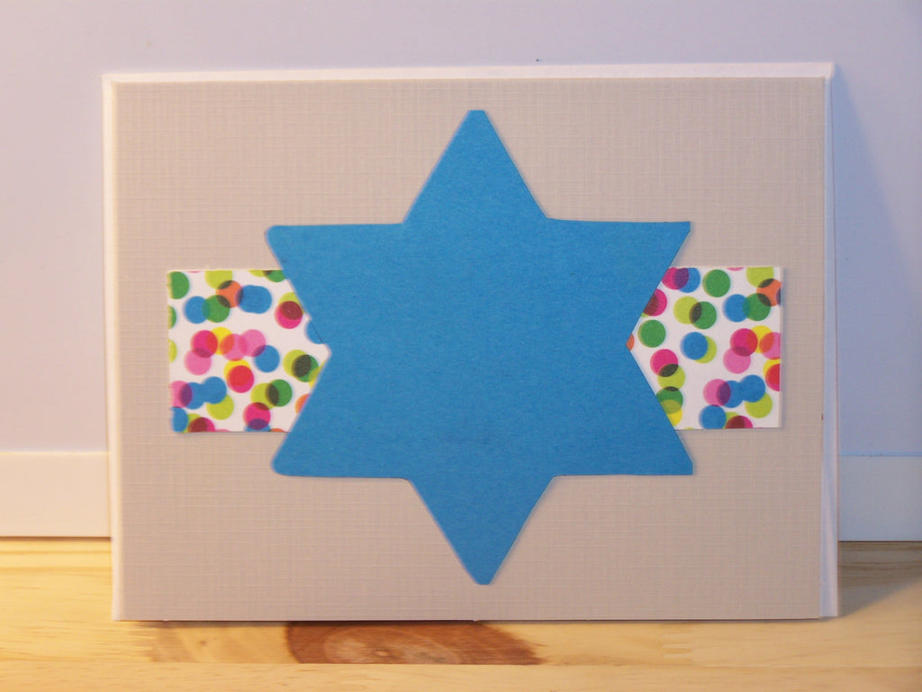 gray Hanukkah card w/colorful stripe & blue star
