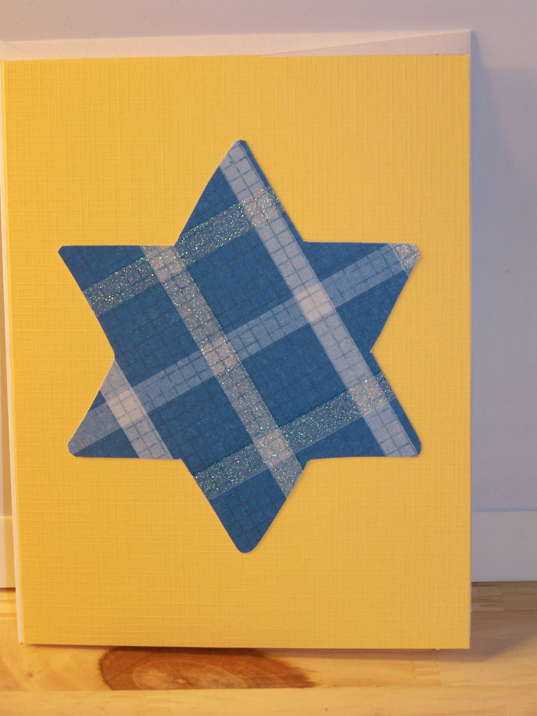 yellow Hanukkah card w/plaid blue star