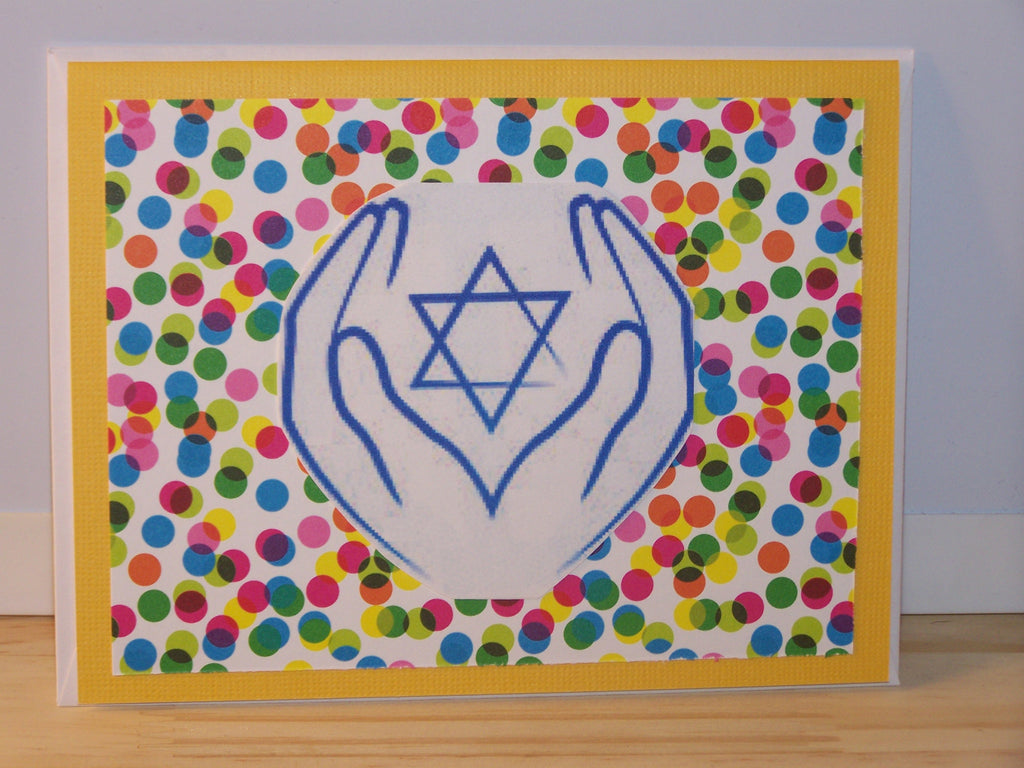 yellow Hanukkah card colorful background w/outline hands & star