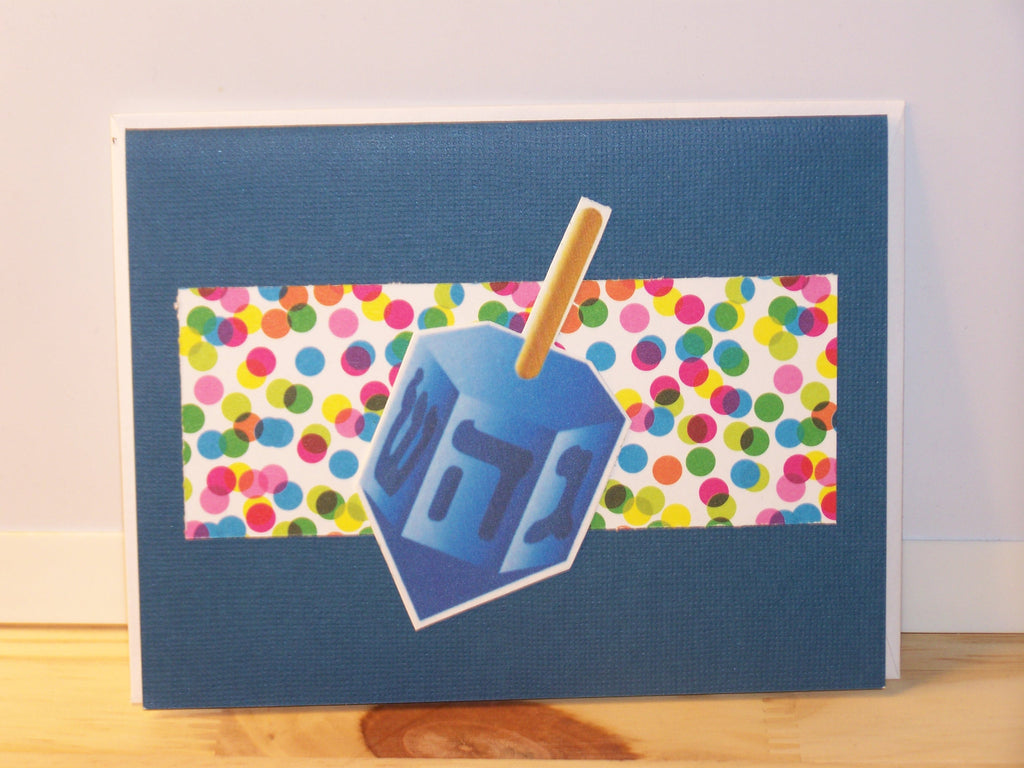 Blue Hanukkah Card with Colorful Stripe & Dreidel