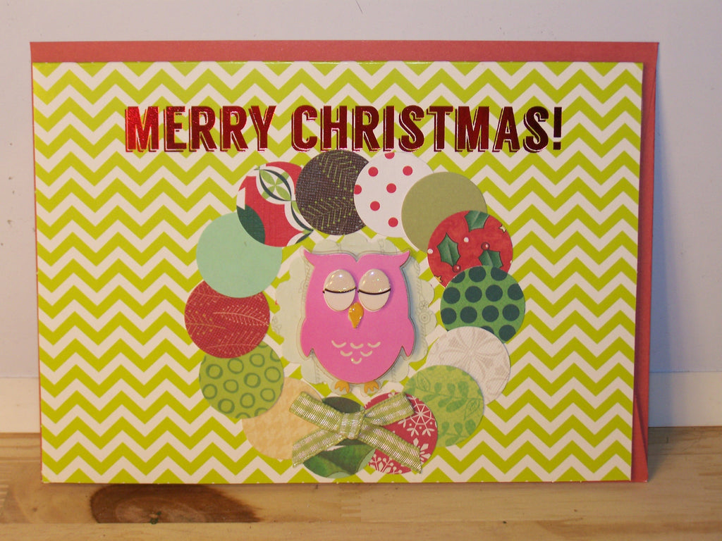 Pink Owl Wreath Merry Christmas Stamped Card