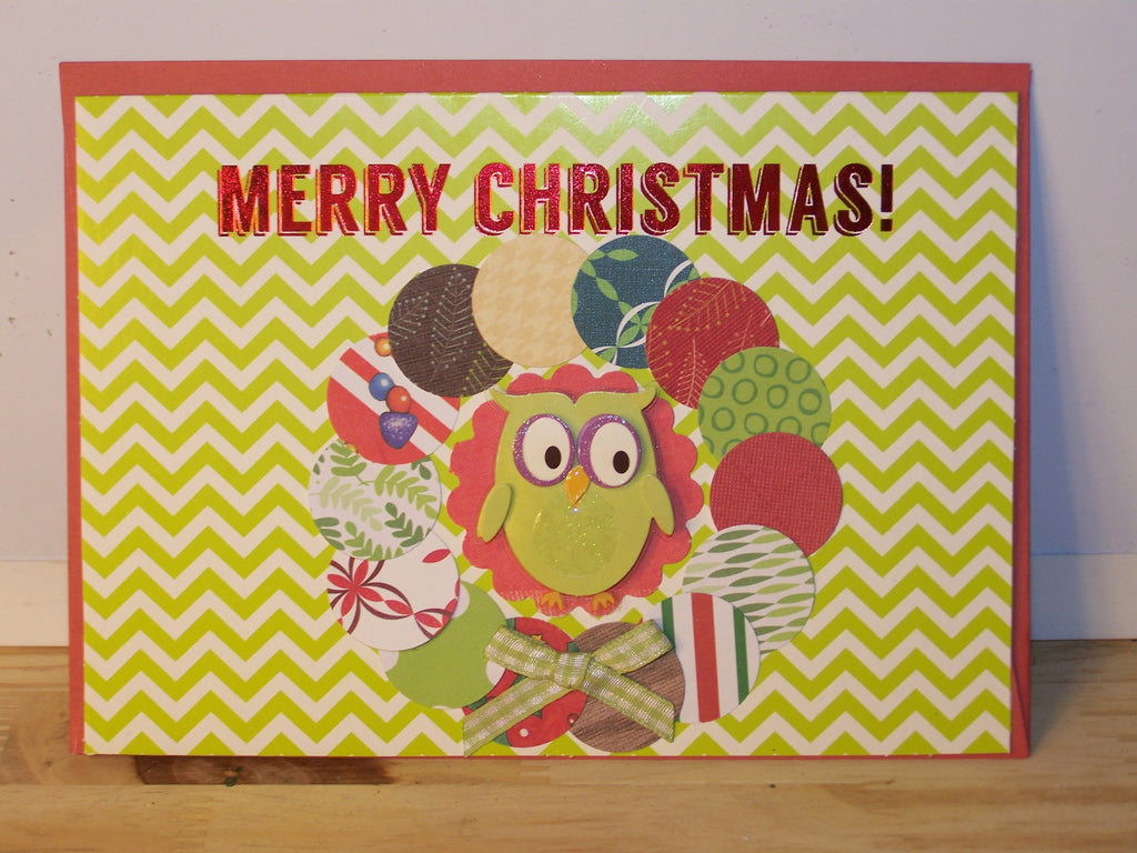 Green Owl Wreath Merry Christmas Stamped Card