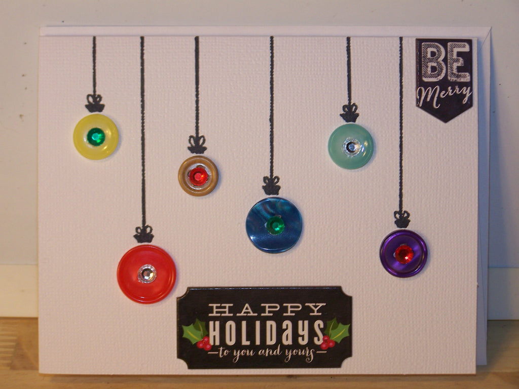Happy Holidays, Be Merry button ornaments holiday card