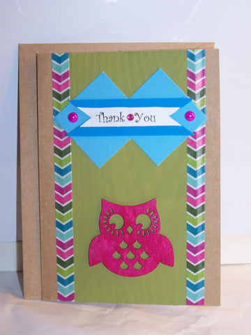 Green Wood Pink Owl - Thank You Card