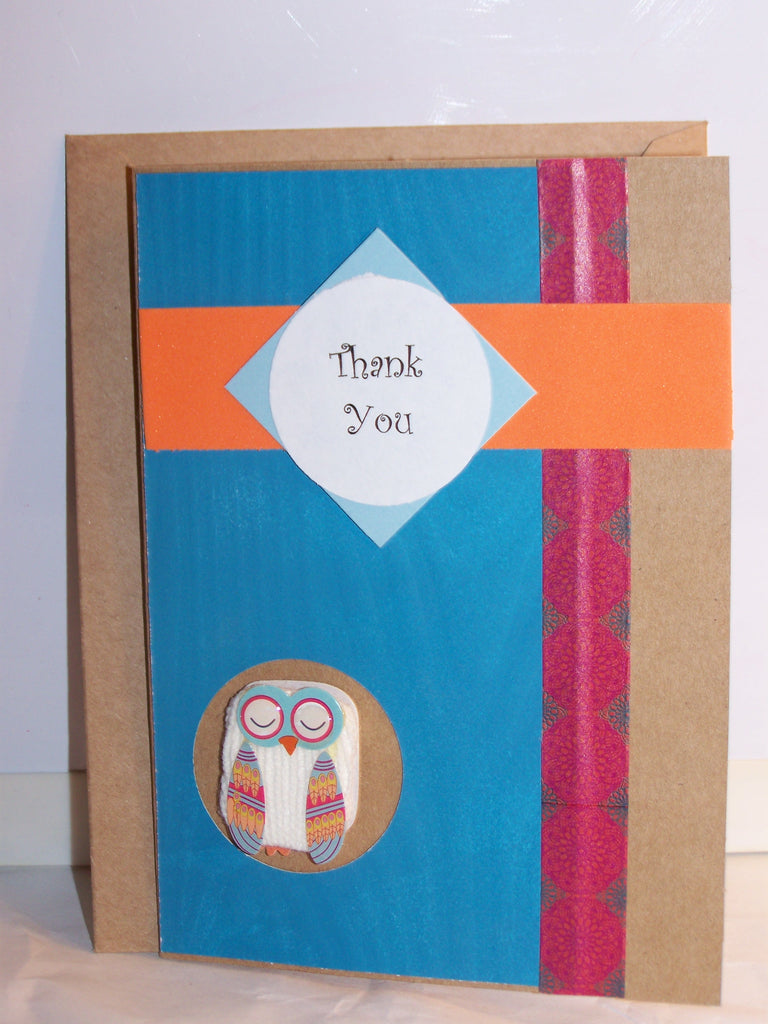 Blue Wood White Owl - Thank You Card