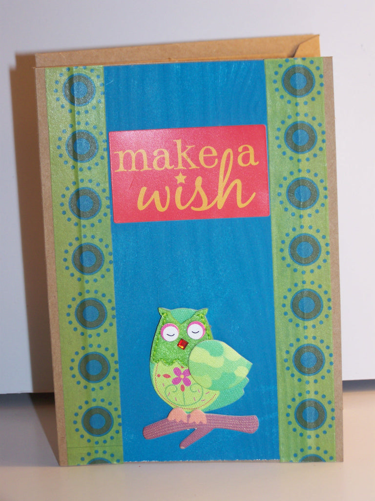 Make a Wish Green Owl Birthday Card