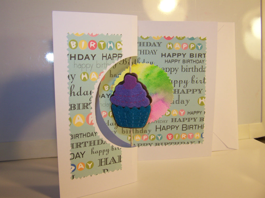 Square Happy Birthday Spinning Cupcake Card - Blue