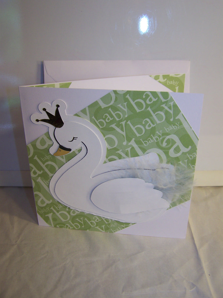Green Baby Card With Crowned Swan