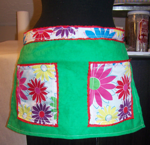 Half Apron with Green Background and Colorful Flower Pockets