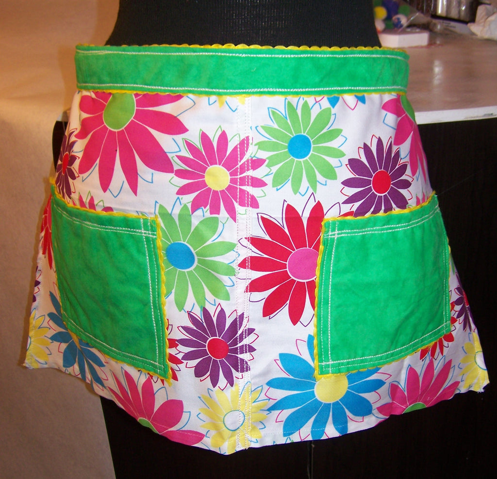 Half Apron with Colorful Flowers and Green Pockets
