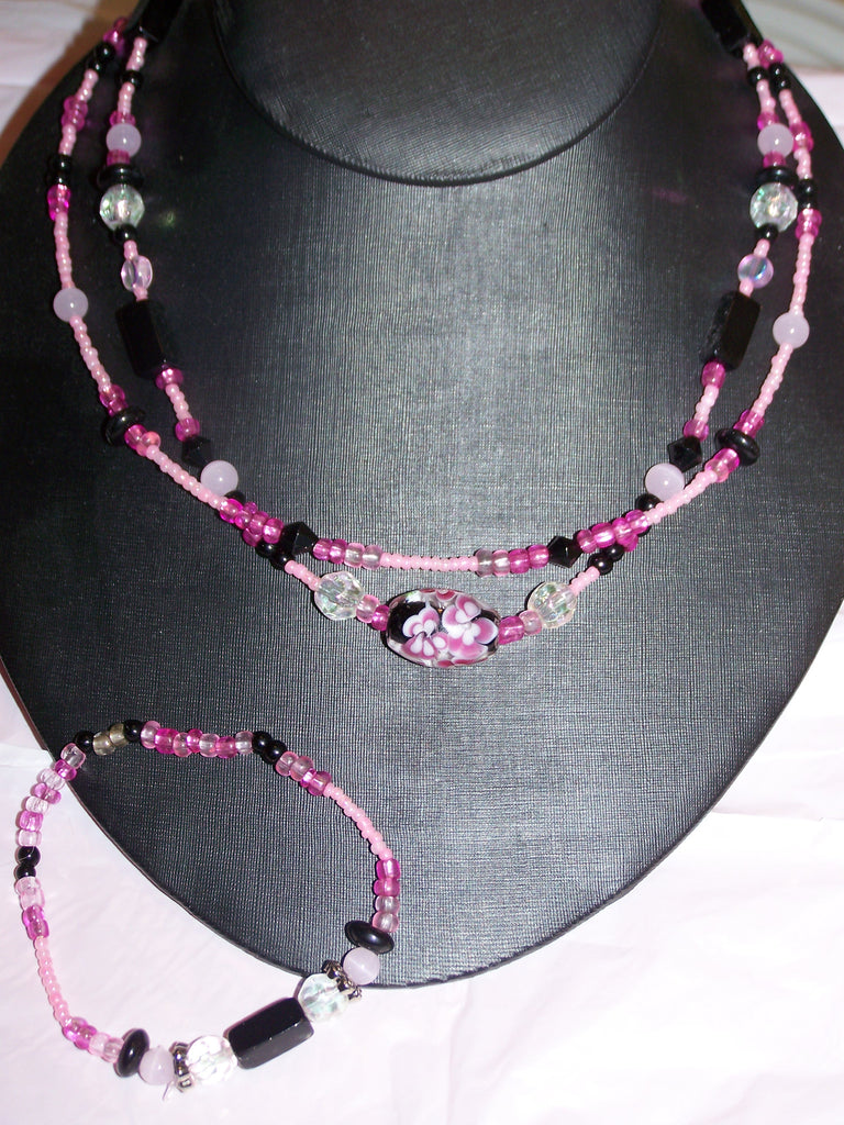 Pink/Black Beaded Glass Flower Necklace Set